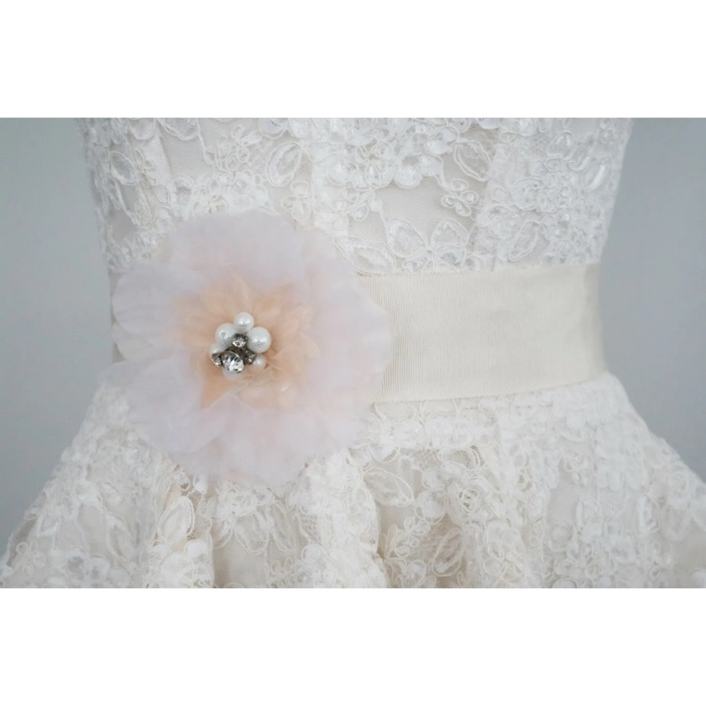 Flower Rhinestone & Faux Pearl on Grosgrain Ribbon Ivory Bridal Sash Wedding